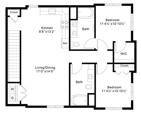 Floor plan for 2 beds, 2 baths, 1155 sqft